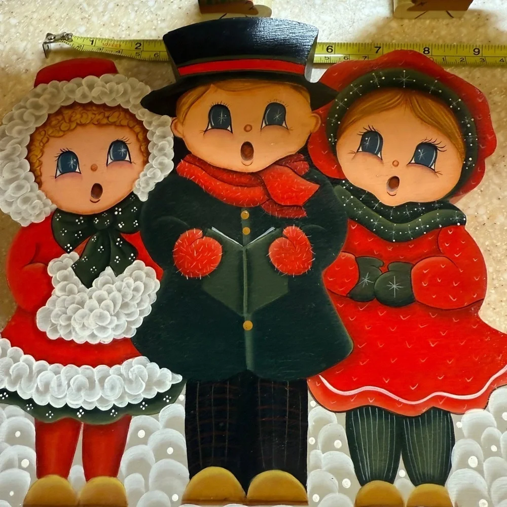 Vintage Hand Painted Wooden Holiday Christmas Carolers Decor and Set Ice Skaters
